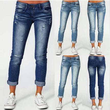 Women's Ripped Mid Waisted Jeans Skinny Distressed Denim Pants