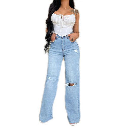 Women's Distressed Raw Hem Boyfriend Jeans Ripped Wide Leg Denim Pants