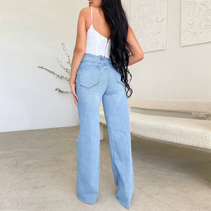 Women's Distressed Raw Hem Boyfriend Jeans Ripped Wide Leg Denim Pants