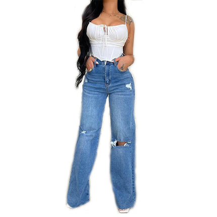 Women's Distressed Raw Hem Boyfriend Jeans Ripped Wide Leg Denim Pants