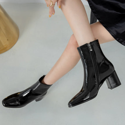 Women's Round Toe Zipper Chunky Heels Ankle Boots