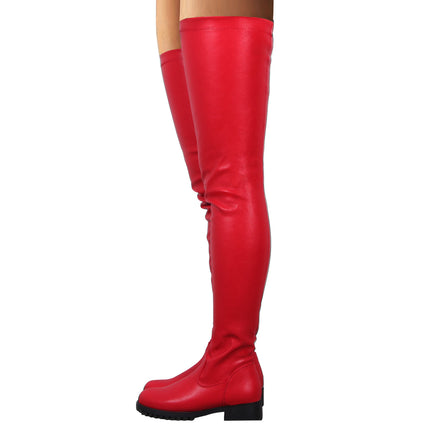 Women Thigh High Over Knee Stretch Low Chunky Heel Round Toe Zipper Boots