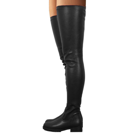 Women Thigh High Over Knee Stretch Low Chunky Heel Round Toe Zipper Boots