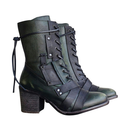 Women's Boot Heels Pointed Toe Lace UP High Heels Mid Calf Boots