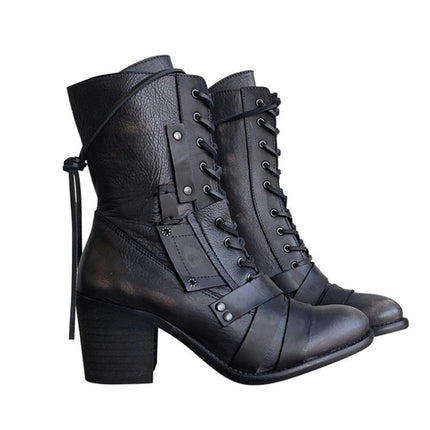 Women's Boot Heels Pointed Toe Lace UP High Heels Mid Calf Boots