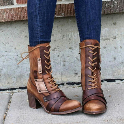 Women's Boot Heels Pointed Toe Lace UP High Heels Mid Calf Boots