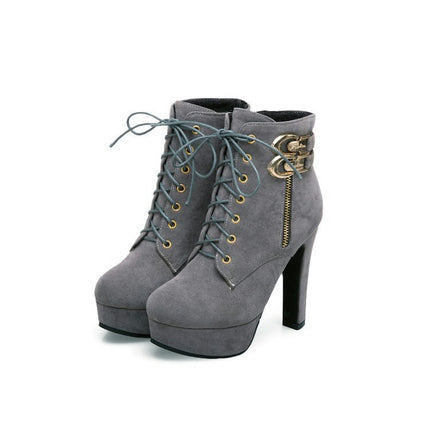 High Heels for Women Boots Round Toe Booties Lace Up Suede Booties