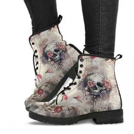 Combat Boots for Women Lace-Up Printed Ankle Booties Chunky Heel Boots