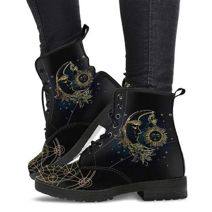 Combat Boots for Women Lace-Up Printed Ankle Booties Chunky Heel Boots