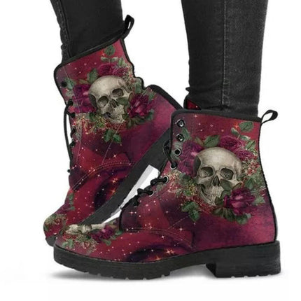 Combat Boots for Women Lace-Up Printed Ankle Booties Chunky Heel Boots