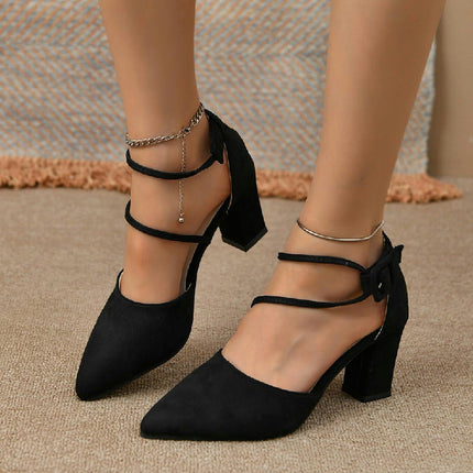 Women's Sexy Ankle Strap Pointed Toe Block Heel Pump