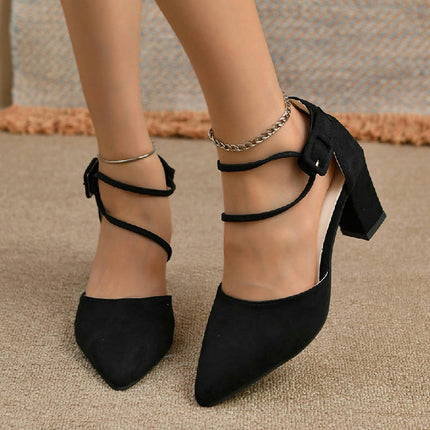 Women's Sexy Ankle Strap Pointed Toe Block Heel Pump