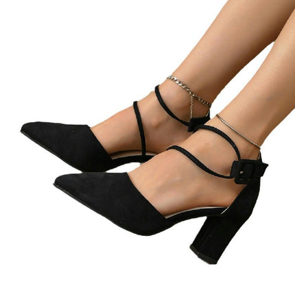 Women's Sexy Ankle Strap Pointed Toe Block Heel Pump