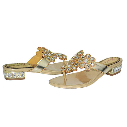 Women's Rhinestone Flat Sandals T-Strap Thong Sandals Summer Flat Sandals