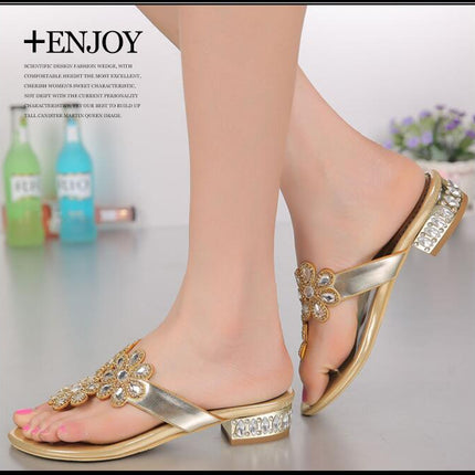 Women's Rhinestone Flat Sandals T-Strap Thong Sandals Summer Flat Sandals