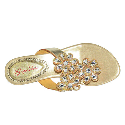 Women's Rhinestone Flat Sandals T-Strap Thong Sandals Summer Flat Sandals