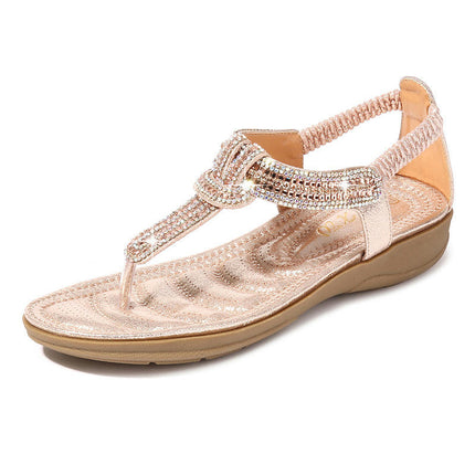 Women's Flat Sandals Summer Beach Sandal T-Strap Rhinestone Bohemia Shoes