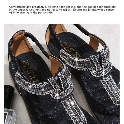 Women's Flat Sandals Summer Beach Sandal T-Strap Rhinestone Bohemia Shoes