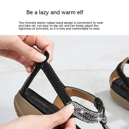 Women's Flat Sandals Summer Beach Sandal T-Strap Rhinestone Bohemia Shoes