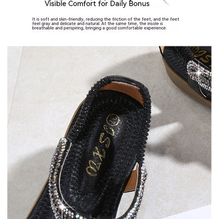 Women's Flat Sandals Summer Beach Sandal T-Strap Rhinestone Bohemia Shoes