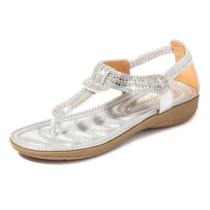 Women's Flat Sandals Summer Beach Sandal T-Strap Rhinestone Bohemia Shoes