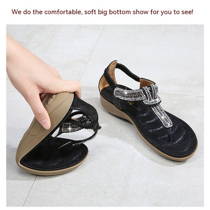 Women's Flat Sandals Summer Beach Sandal T-Strap Rhinestone Bohemia Shoes