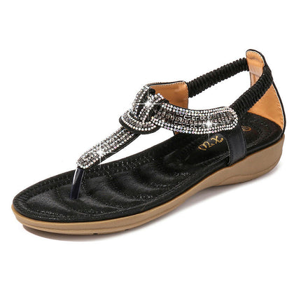 Women's Flat Sandals Summer Beach Sandal T-Strap Rhinestone Bohemia Shoes