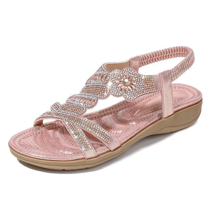 Women's T-Strap Beaded Flower Rhinestone Flat Sandals Dress Beach Shoes