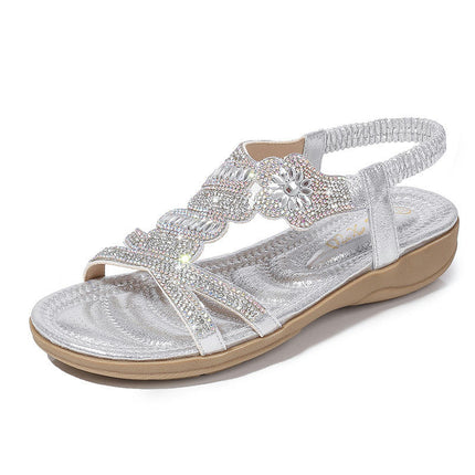 Women's T-Strap Beaded Flower Rhinestone Flat Sandals Dress Beach Shoes