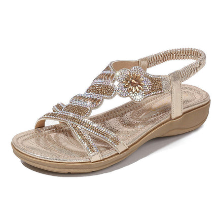 Women's T-Strap Beaded Flower Rhinestone Flat Sandals Dress Beach Shoes