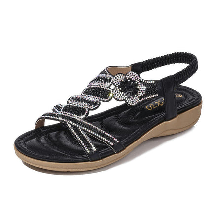 Women's T-Strap Beaded Flower Rhinestone Flat Sandals Dress Beach Shoes