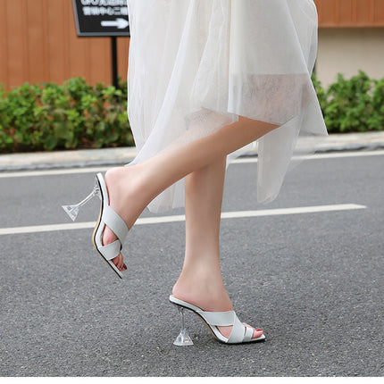 Women's High Heels Square Open Toe High Heeled Sandals Slip On Slides Dress Shoes