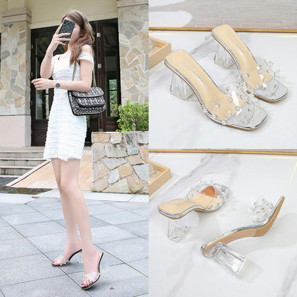 Women's Clear Heeled Sandals Chunky Heels Square Toe Open Toe Slip on Shoes