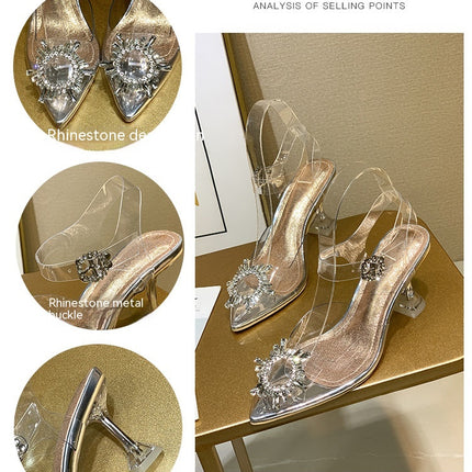 Women's Clear Ankle Strap Rhinestone Pointed Toe Heels Sandals