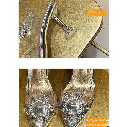 Women's Clear Ankle Strap Rhinestone Pointed Toe Heels Sandals