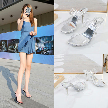 Women's Clear Heeled Sandals Transparent Stiletto Open Toe Slip on Dress Shoes