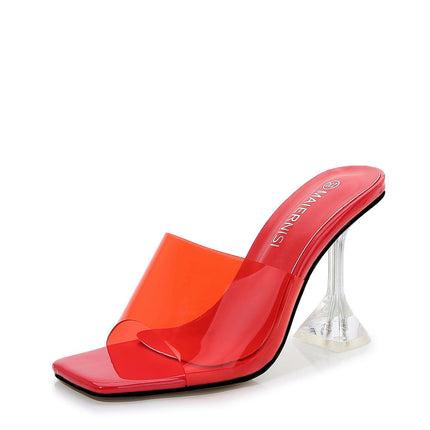 Women's Clear Heels Sandals Square Open Toe Transparent Stiletto Heel Slip on Sandals