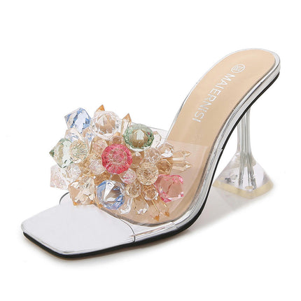 Women's Crystal Heels Square Toe Heeled Stiletto Sandals