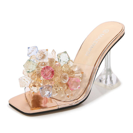 Women's Crystal Heels Square Toe Heeled Stiletto Sandals