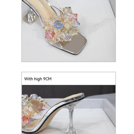 Women's Crystal Heels Square Toe Heeled Stiletto Sandals