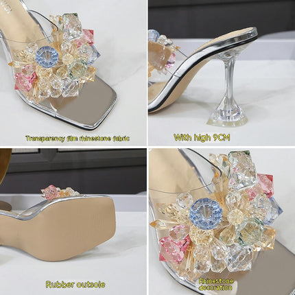 Women's Crystal Heels Square Toe Heeled Stiletto Sandals