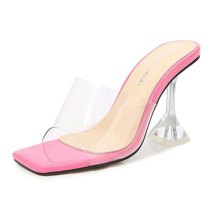 Women's Clear Heels Square Toe Slip-On Heeled Stiletto Sandals