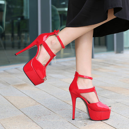 Women's Leather Peep Toe High Heel Platform Pumps Heels