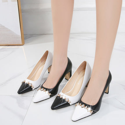 Women's High Chunky Block Closed Toe Heels Slip On Pointed Toe Pumps Shoes