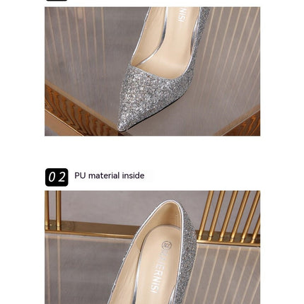 Women's Sequins High Heels Closed Pointed Toe Dress Pumps Shoes