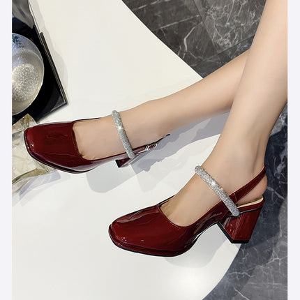 Women's Pumps Ankle Strap Block Heel Closed Square Toe Dress Shoes