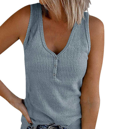 Women Tank Tops Summer Casual Ribbed Sleeveless Basic Cami Top Slim Button Down Blouses