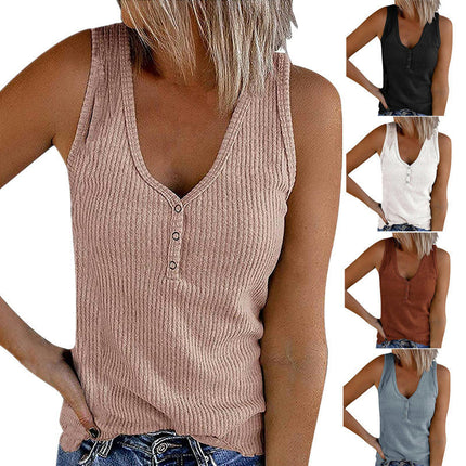 Women Tank Tops Summer Casual Ribbed Sleeveless Basic Cami Top Slim Button Down Blouses