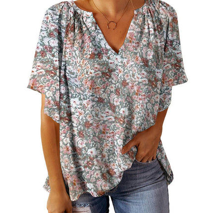 Women Floral Print V Neck Short Sleeve Casual Tunic Tops Shirts