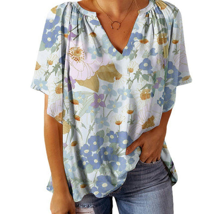 Women Floral Print V Neck Short Sleeve Casual Tunic Tops Shirts